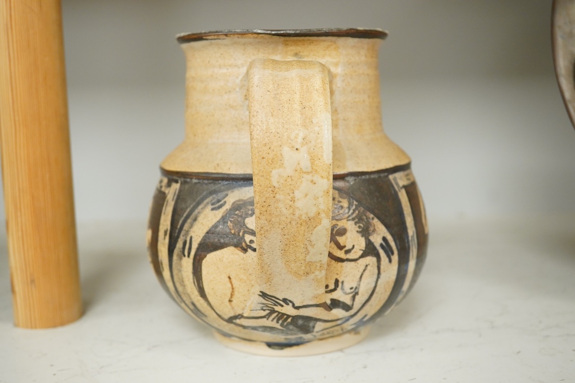 Yolande Beer (Sussex, contemporary), two Studio pottery vessels to include a vase in the form of a basket decorated with fish, largest